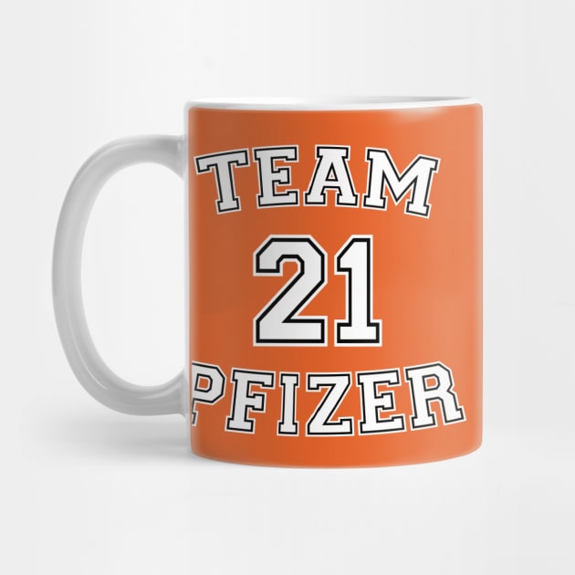 Vaccine pride: Team Pfizer (white college jersey typeface with black outline) by Ofeefee